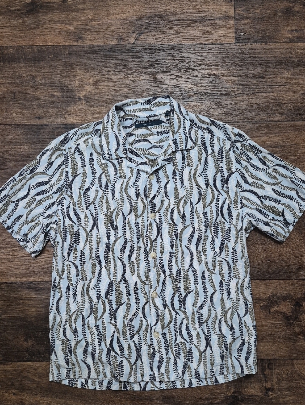 Perry Ellis White Short-Sleeve Button-Down with Navy & Brown Leaf Motif